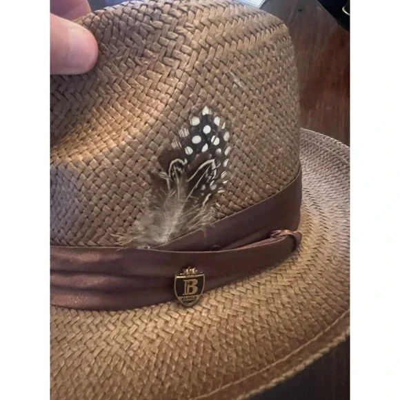 NWT Bruno Capelo Men's Straw Fedora Hat XL Brown w/‎ Feather – 7 1/4-7 3/8 - Picture 3 of 5